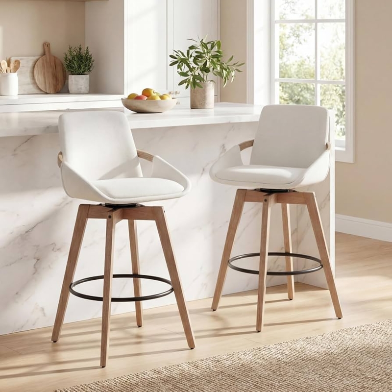 Bar Stool: Beige Fabric, Wrap-Around Arms, Scandinavian Style