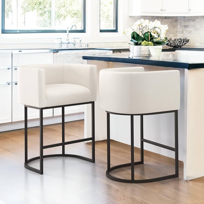 Bar Stool Beige Linen Barrel Back Black U-Shaped Base Modern Kitchen