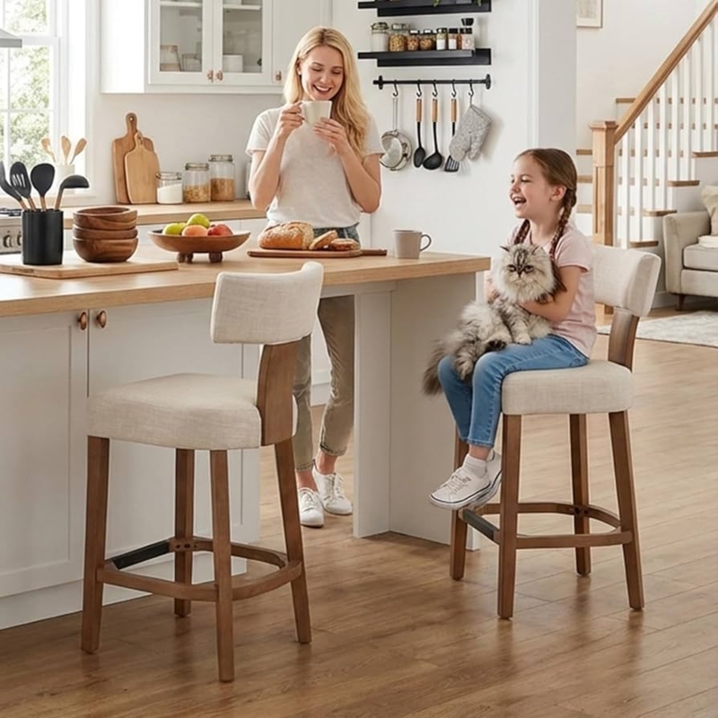 Bar Stool: Beige Linen Look Fabric, Curved Back & Wood Frame.