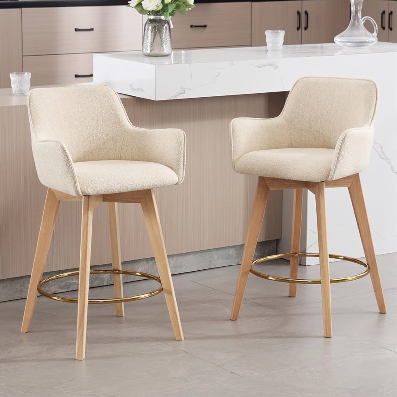 Bar Stool Beige Linen Look Polished Gold Footrest Ring Tapered Legs