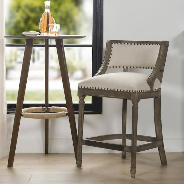 Bar Stool Beige Linen Nailhead Trim Distressed Wood Frame Farmhouse