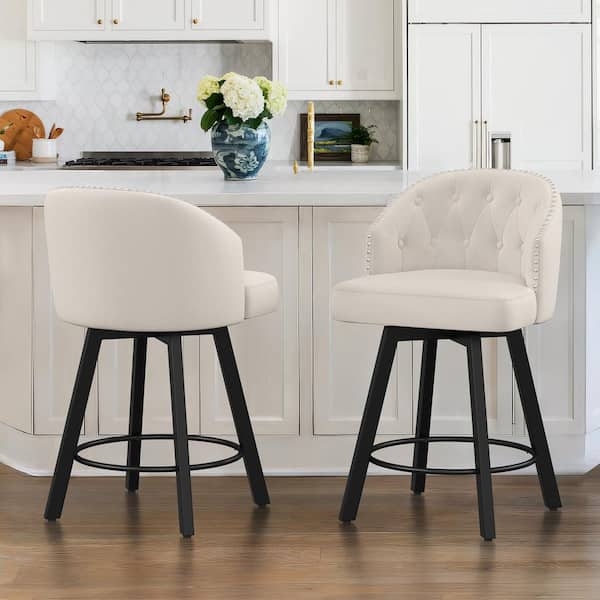 Bar Stool Beige Linen Swivel Diamond Tufted Black Metal Nailhead