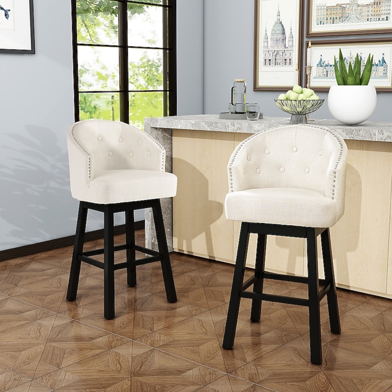 Bar Stool Beige Linen Swivel Transitional Button Tufted Black Legs