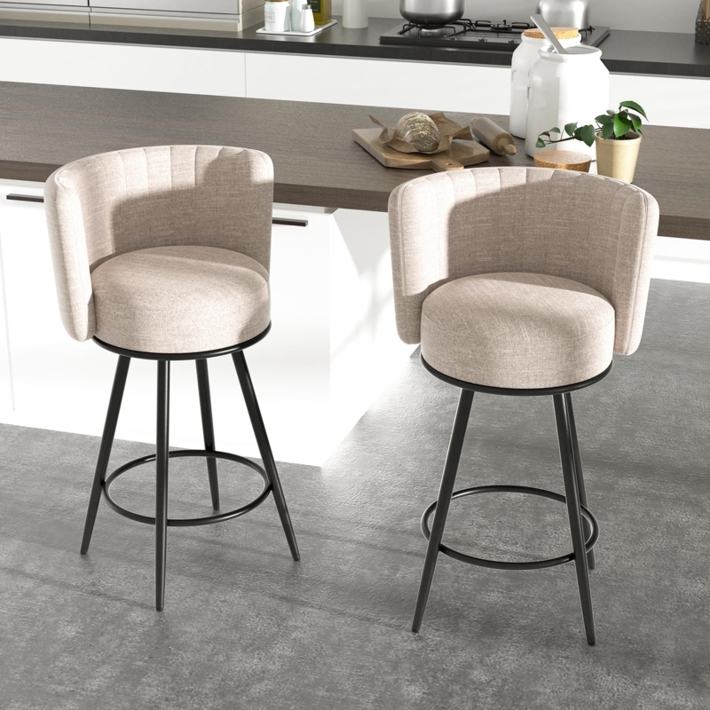 Bar Stool Beige Ribbed Back Black Metal Legs Modern Kitchen Island