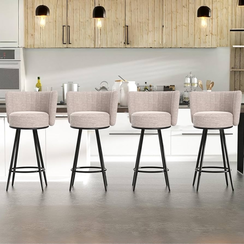 Bar Stool Beige Ribbed Fabric Barrel Back with Black Legs