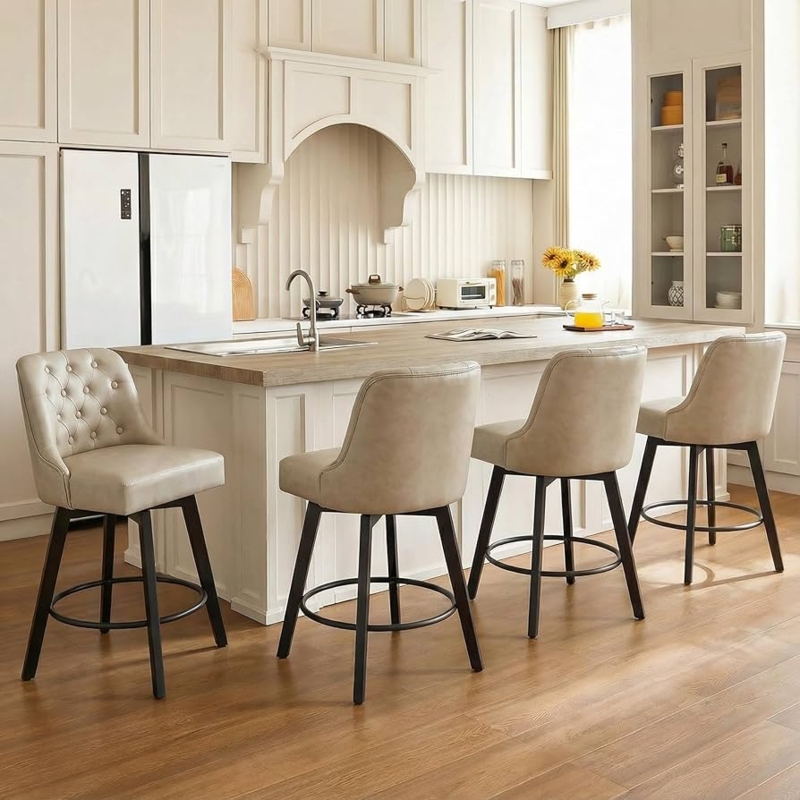 Bar Stool Beige Swivel Button Tufting Dark Legs Farmhouse Barstools