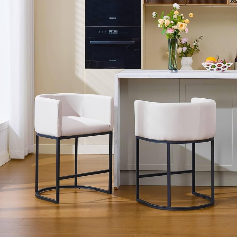 Bar Stool Beige Upholstered Barrel Back Black Frame