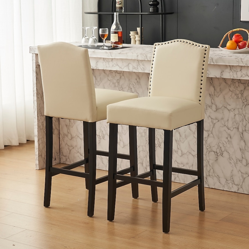 Bar Stool Beige Upholstered Nailhead Trim Dark Wood Legs High Back