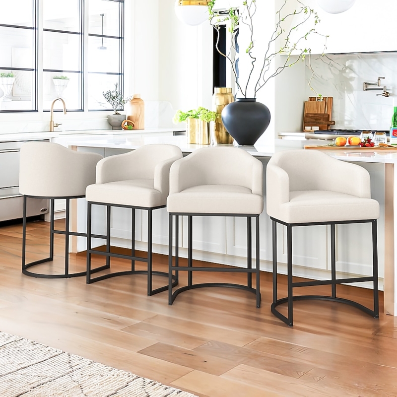 Bar Stool Beige Upholstered Sled Base Curved Back Matte Black