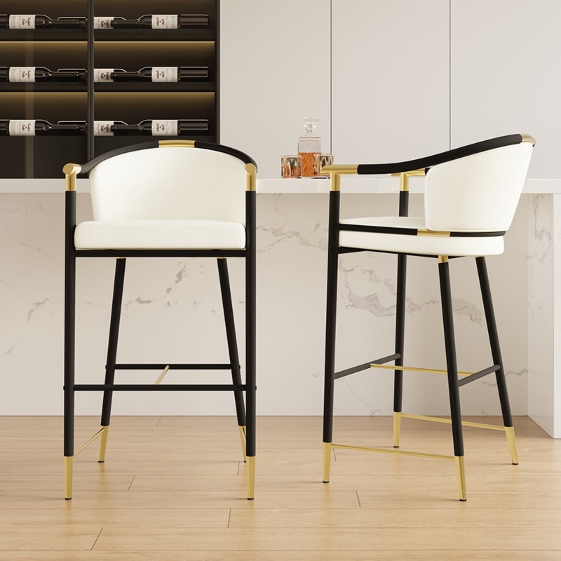 Bar Stool Beige Velvet Black Metal Frame Gold Accents Modern Glam