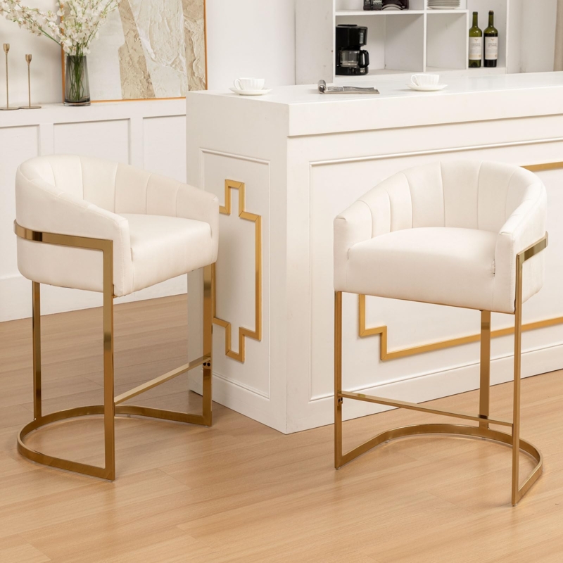 Bar Stool Beige Velvet Channel Tufting Gold C-Base Modern Glam Kitchen