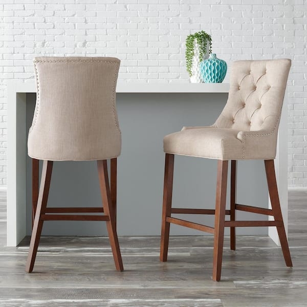 Bar Stool Biscuit Beige Fabric Tufted Back Nailhead Trim Elegant