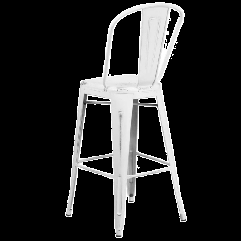Bar Stool, Bistro Style, Distressed White Metal, Curved Slat Backrest