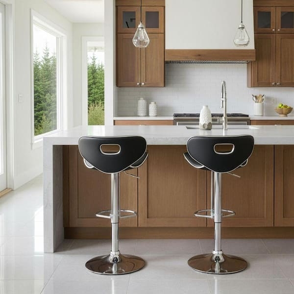 Bar Stool Black Adjustable Height Chrome Pedestal Cutout Back Design