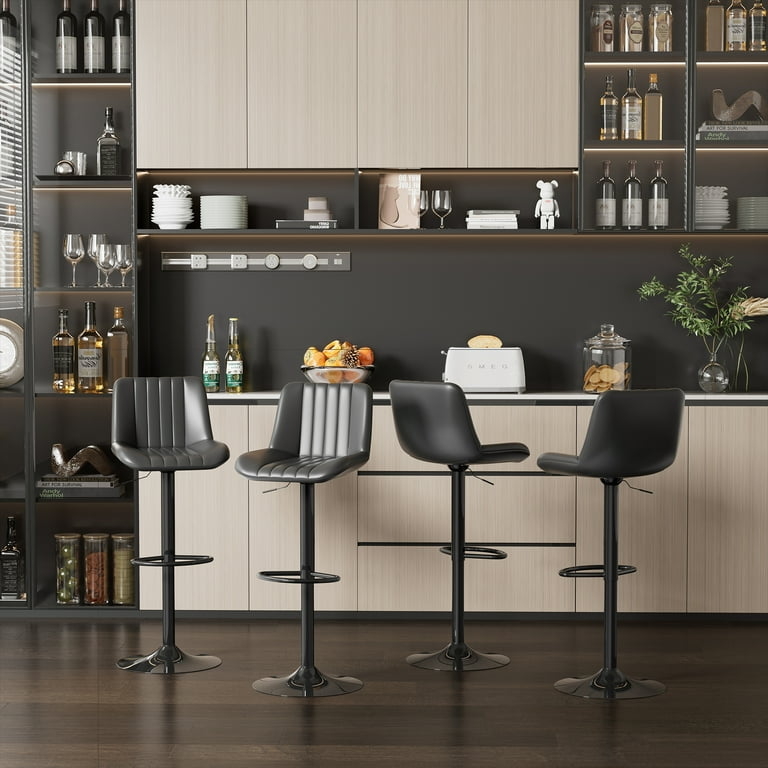 Bar Stool Black Adjustable Height Ribbed Back Pedestal Swivel