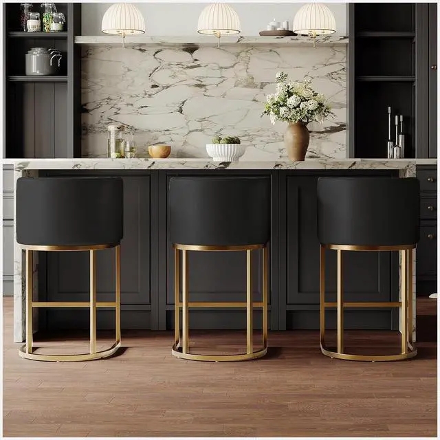 Bar Stool: Black and Gold Bar Stools, Gold Tubular Frame, Low Back