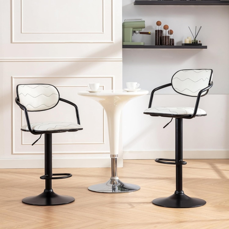 Bar Stool: Black and White Wavy Pattern Upholstery, Adjustable Base