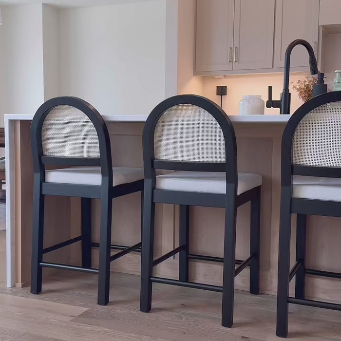 Bar Stool Black Arched Cane Back and White Textured Seat