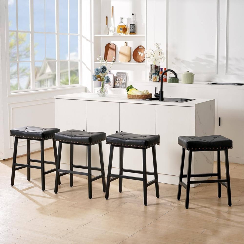 Bar Stool Black Diamond Tufted Backless Nailhead Trim Matte Metal