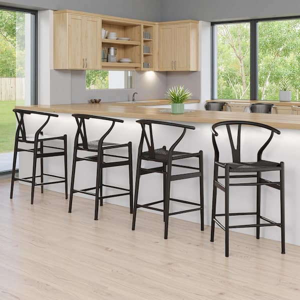 Bar Stool Black Finish Wishbone Back Woven Cord Seat Scandinavian