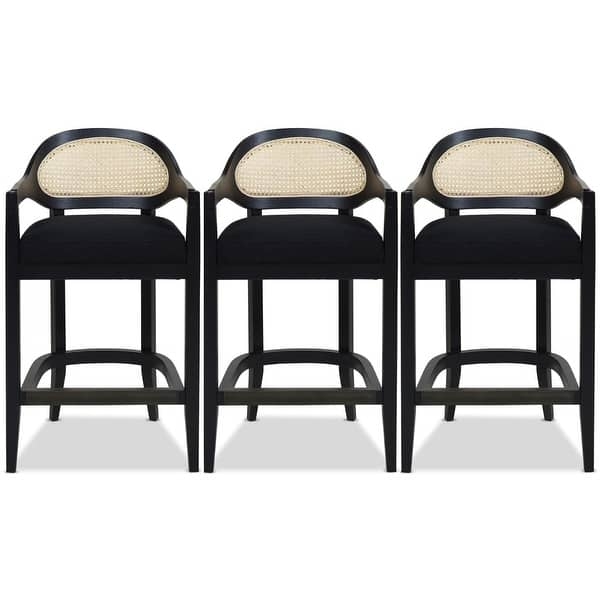 Bar Stool Black Frame Oval Cane Back Upholstered Seat Transitional