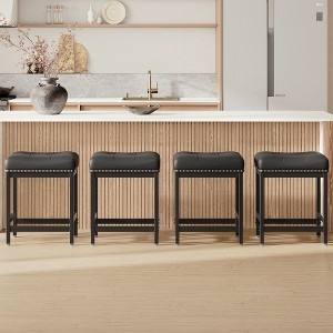 Bar Stool Black Leather-Like Backless Silhouette Nailhead Trim