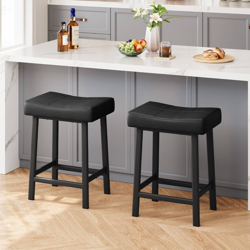 Bar Stool Black Leather-Like Padded Saddle Seat Modern Transitional
