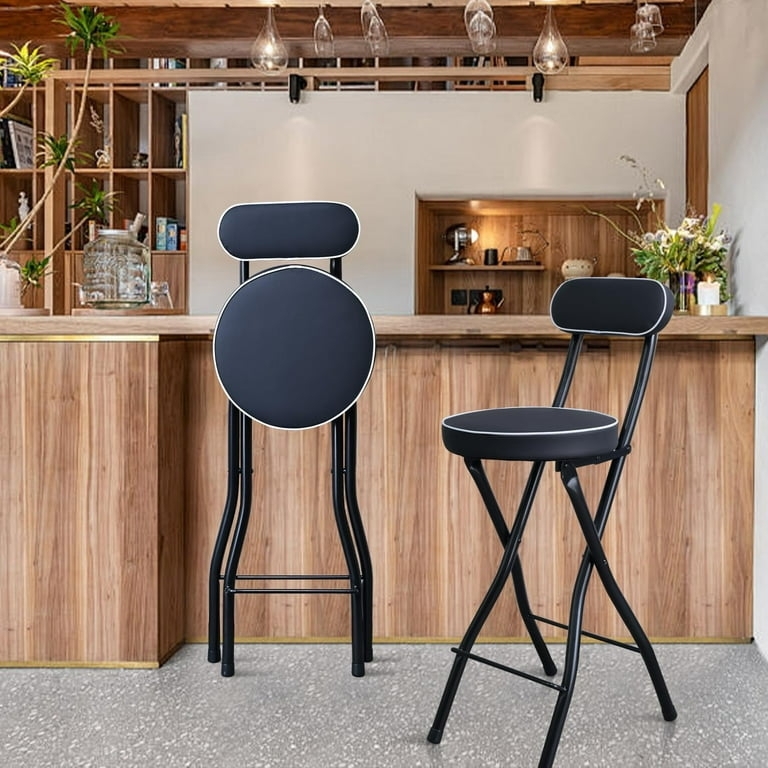 Bar Stool Black Metal Folding Frame Upholstered Seat White Piping