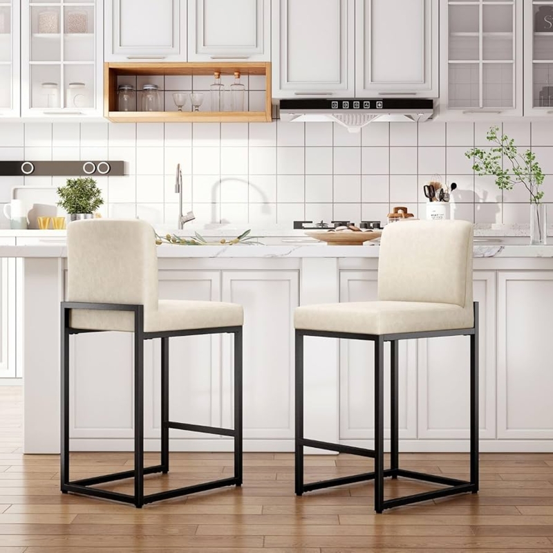 Bar Stool Black Metal Sled Base Cream Faux Leather Modern