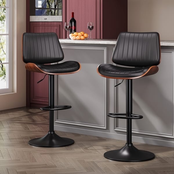 Bar Stool: Black Ribbed Faux Leather, Walnut Bentwood Frame Swivel