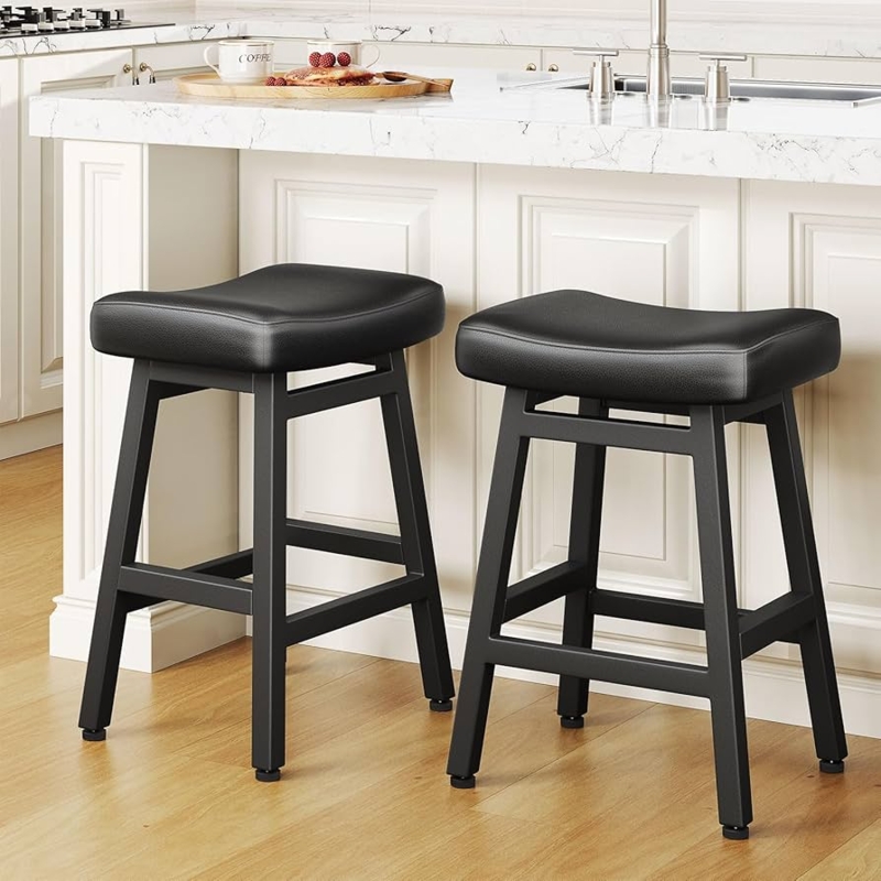 Bar Stool Black Saddle Seat Pebbled Texture Matte Metal Backless