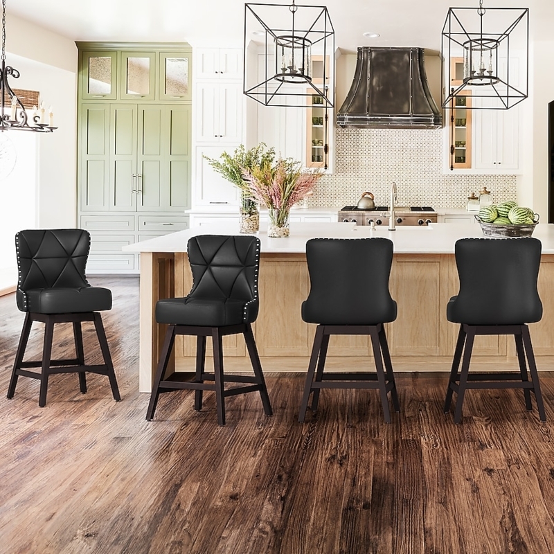 Bar Stool Black Swivel Diamond Tufted Back Nailhead Trim