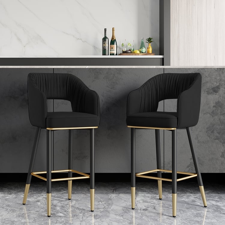 Bar Stool Black Velvet Channel Tufting Gold Metal Tips Glam Seating