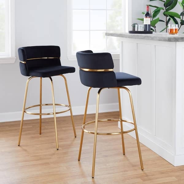 Bar Stool Black Velvet Curved Back Polished Gold Metal Inlay