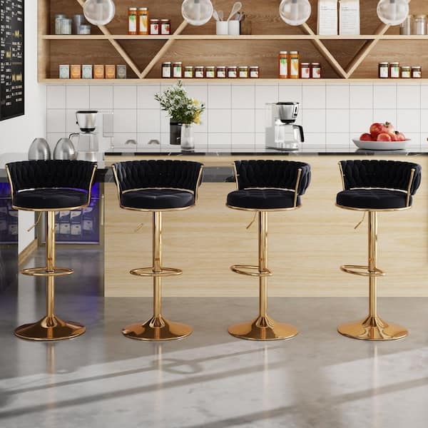 Bar Stool: Black Velvet Woven Back, Polished Gold Pedestal Base Set