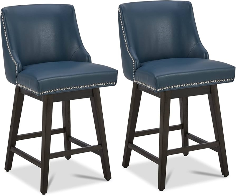 Bar Stool, Blue Faux Leather, Silver Nailheads, Swivel, Dark Wood