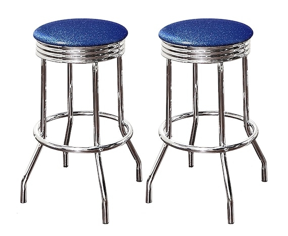 Bar Stool Blue Glitter Vinyl Ribbed Chrome Apron Retro Diner Style