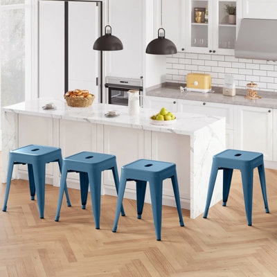Bar Stool Blue Metal Cutout Handle Backless Silhouette Tapered Legs