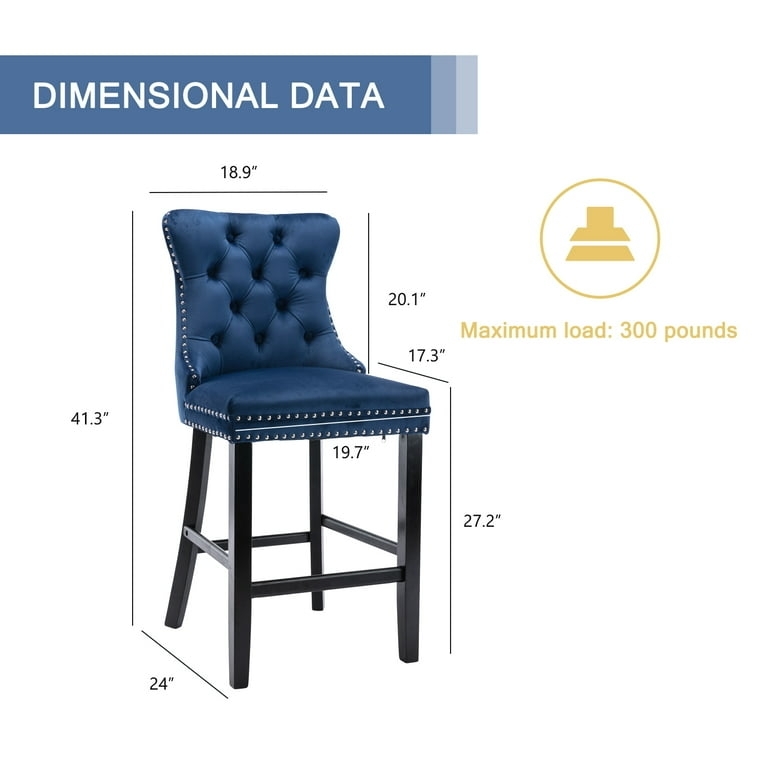 Bar Stool, Blue Velvet-Like, Tufted Winged Back, Nailhead Trim