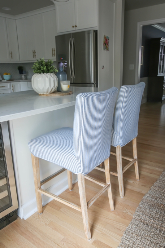 Bar Stool Blue White Striped Pattern Whitewashed Legs High Back Coastal
