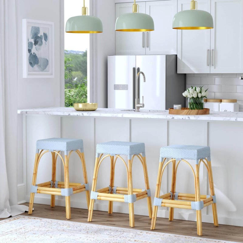 Bar Stool Blue Woven Seat Arched Rattan Legs Coastal Kitchen Decor