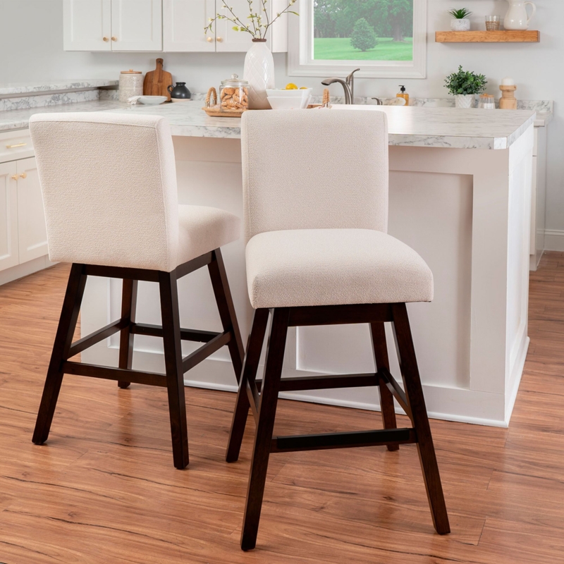 Bar Stool Boucle Fabric Swivel with Dark Espresso Legs High Back