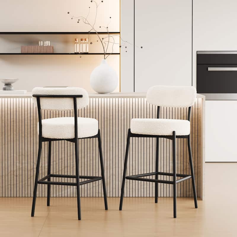 Bar Stool Boucle Texture Rounded Back Metal Frame Cream