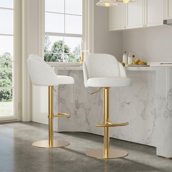 Bar Stool Boucle Upholstery Gold Gas Lift Adjustable Swivel White