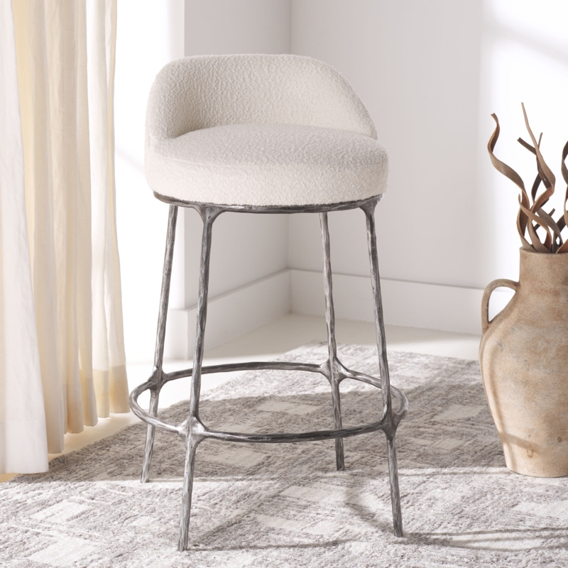 Bar Stool Branch-Like Legs Boucle Upholstery Sculptural Metal