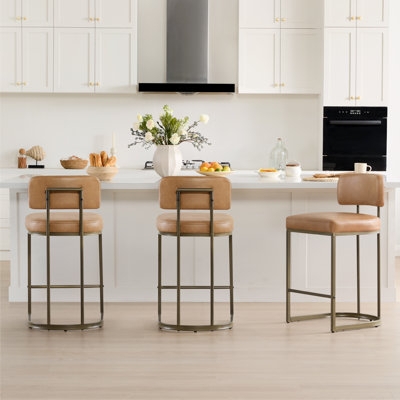 Bar Stool Bronze Frame Tan Leather-Like Sled Base Industrial Style