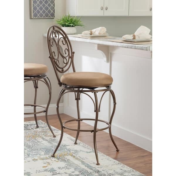 Bar Stool Bronze Scroll Back Tan Microfiber Swivel Seat