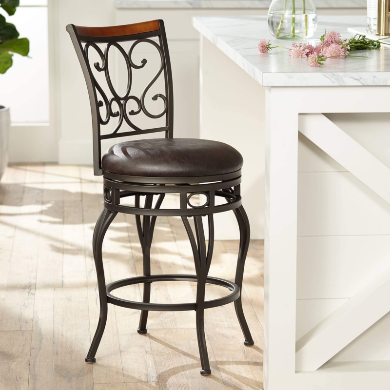 Bar Stool Bronze Scrollwork Back Wood Accent Rail Dark Brown Leather