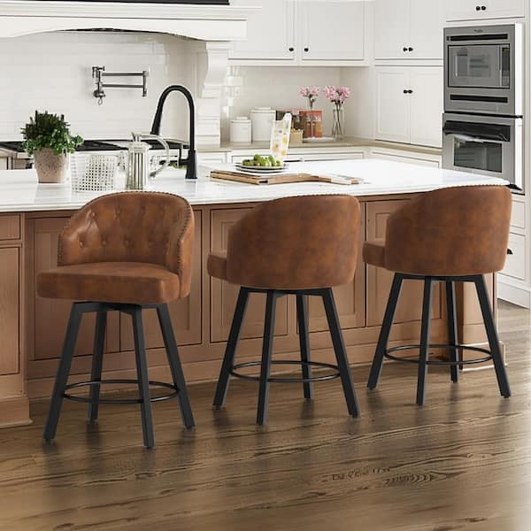 Bar Stool Brown Faux Leather Swivel Tufted Back Bronze Rivets