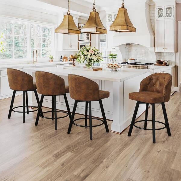 Bar Stool Brown Leather-Like Swivel Button Tufted Metal Frame